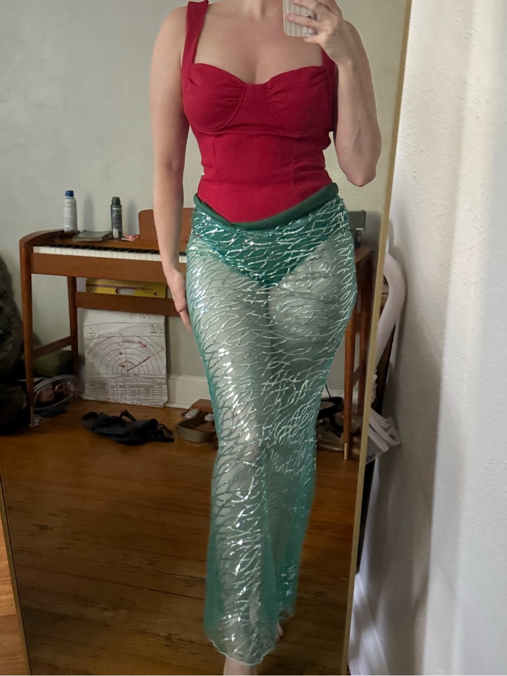 SHEIN Metallic Sheer Green Wide Leg Mesh Skirt - mermaid costume
